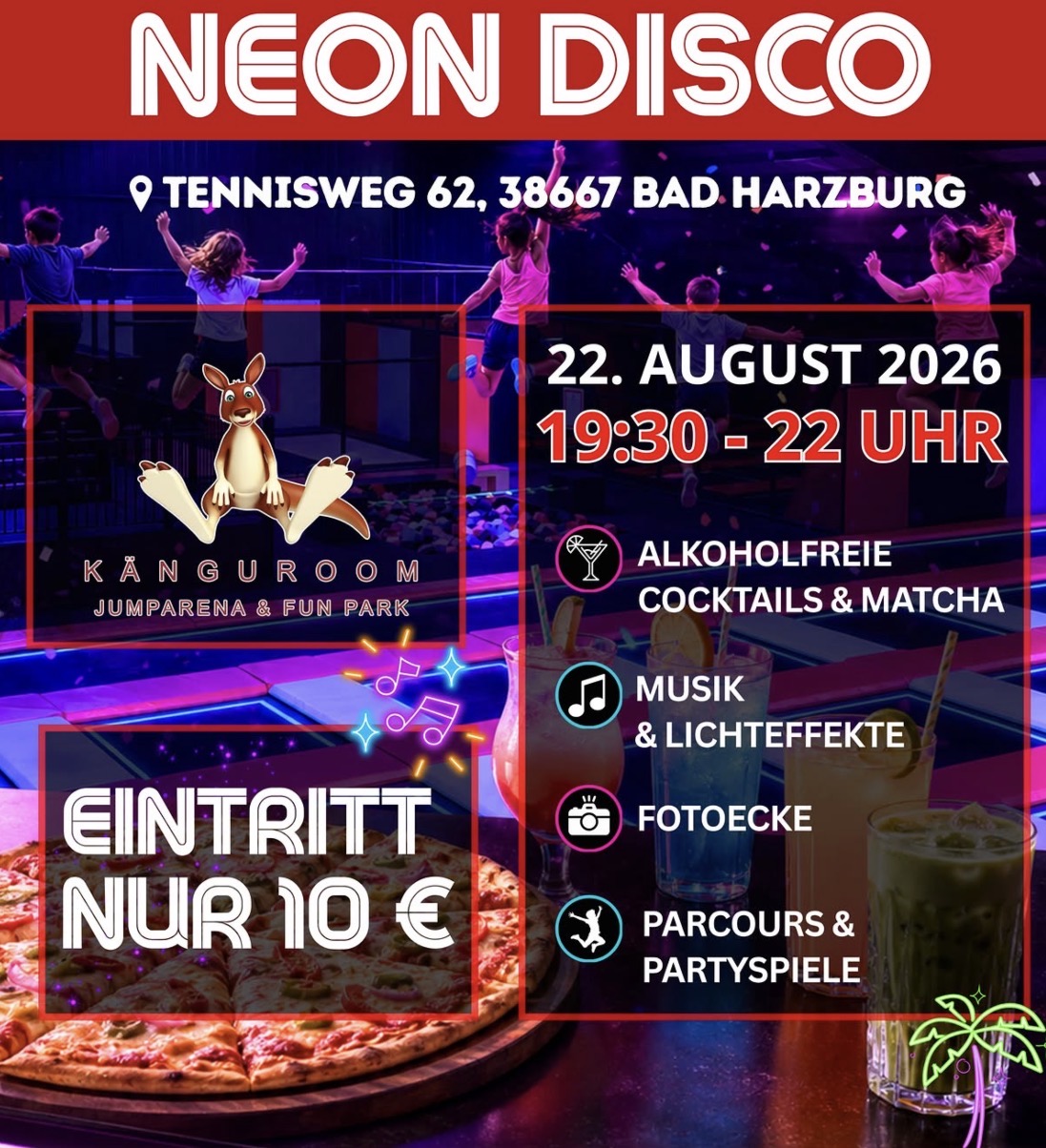Veranstaltungsplakat zur Neon Jump & Fun Party am 22. August 2026 im KÄNGUROOM Bad Harzburg